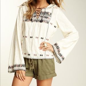 Free People Ivory Embroidered Lace-Up Peasant Tunic